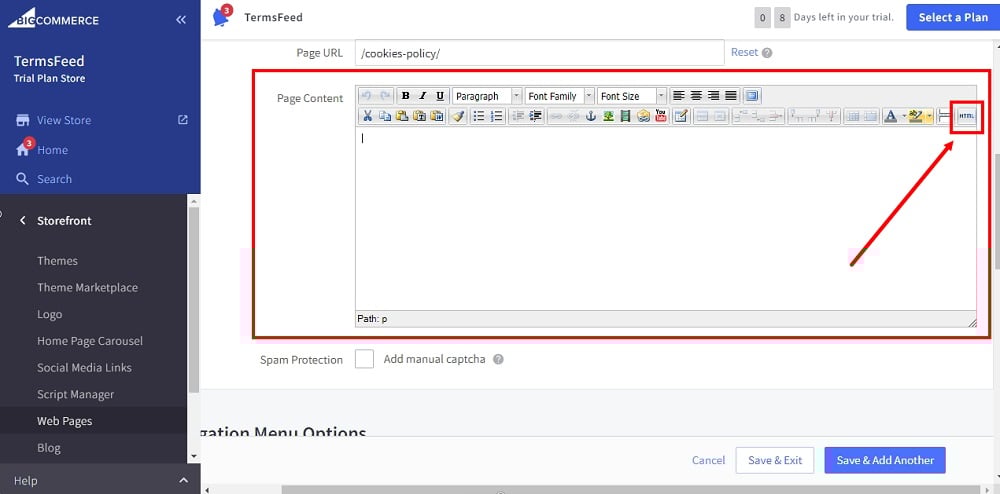 TermsFeed BigCommerce: Cookies Policy - Page editor - the HTML selected