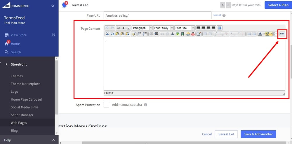 TermsFeed BigCommerce: Cookies Policy - Page editor - the HTML selected