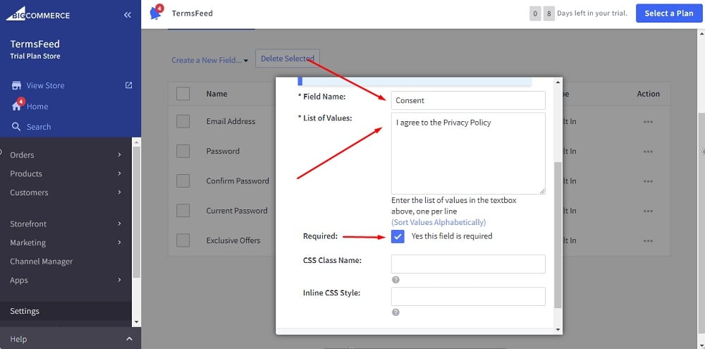 TermsFeed BigCommerce: Create a Checkbox window with filled required fields highlighted