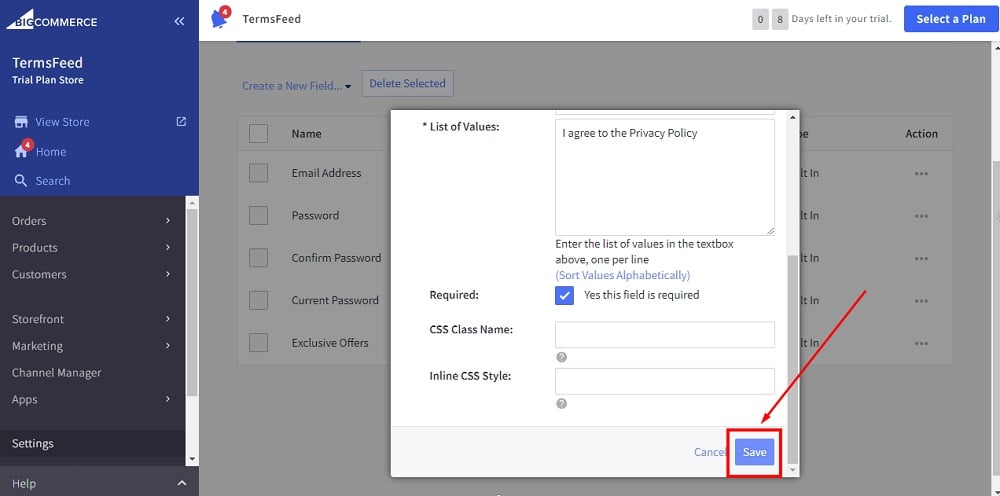 TermsFeed BigCommerce: Create a Checkbox window with filled required fields and Save highlighted