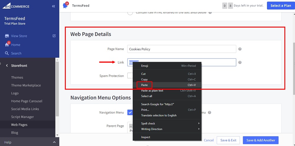 TermsFeed BigCommerce: Create a New Web Page - Link - Cookies Policy - Paste highlighted