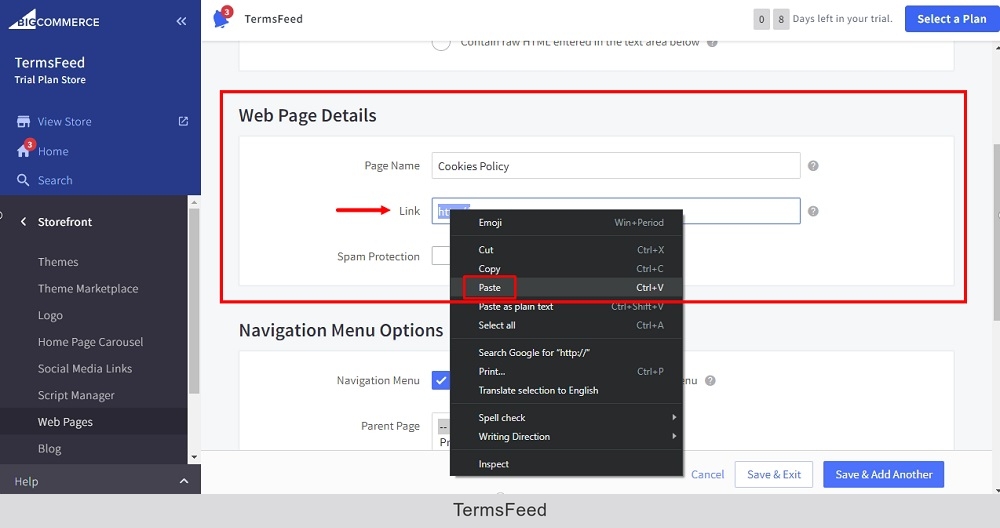 TermsFeed BigCommerce: Create a New Web Page - Link - Cookies Policy - Paste highlighted