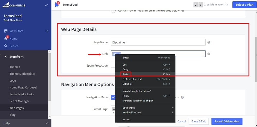 TermsFeed BigCommerce: Create a New Web Page - Link - Disclaimer - Paste highlighted