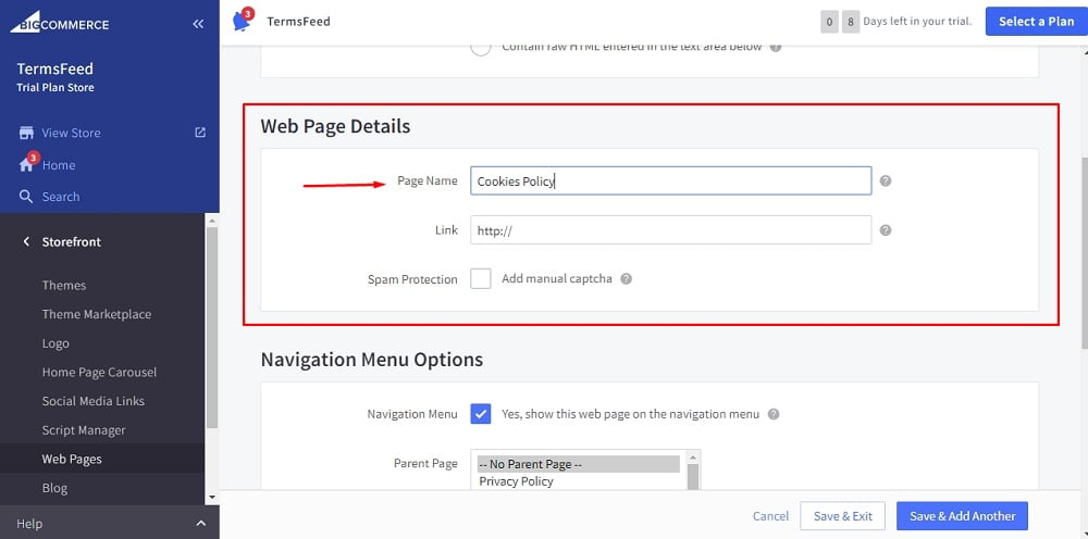TermsFeed BigCommerce: Create a New Web Page - Link - Name Cookies Policy highlighted