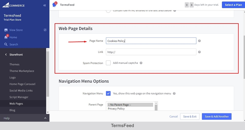 TermsFeed BigCommerce: Create a New Web Page - Link - Name Cookies Policy highlighted