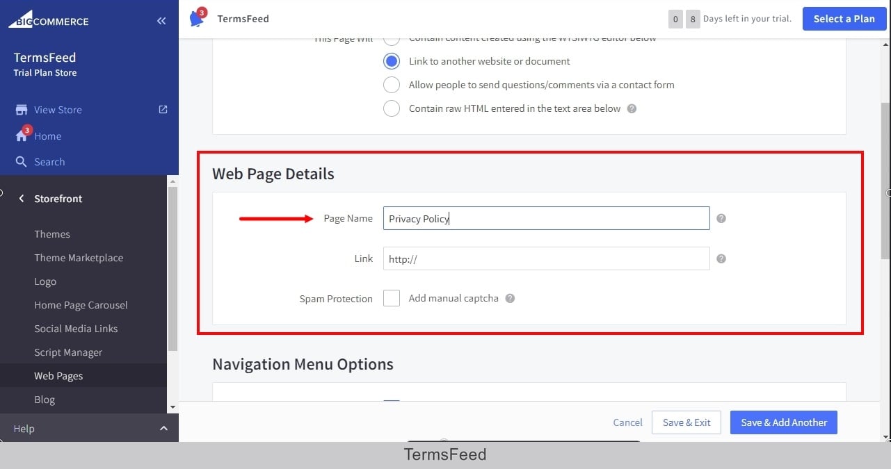 TermsFeed BigCommerce: Create a New Web Page - Link - Name Privacy Policy highlighted