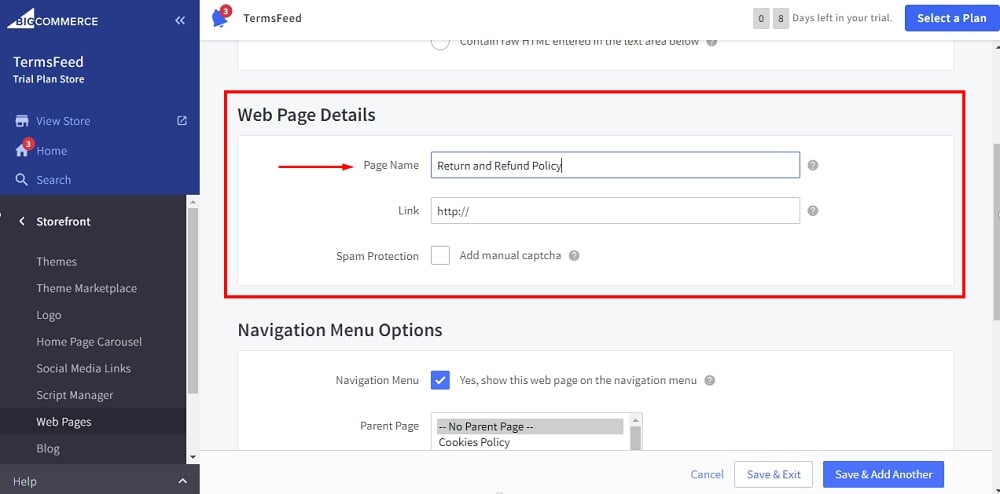 TermsFeed BigCommerce: Create a New Web Page - Link - Name Return and Refund Policy highlighted