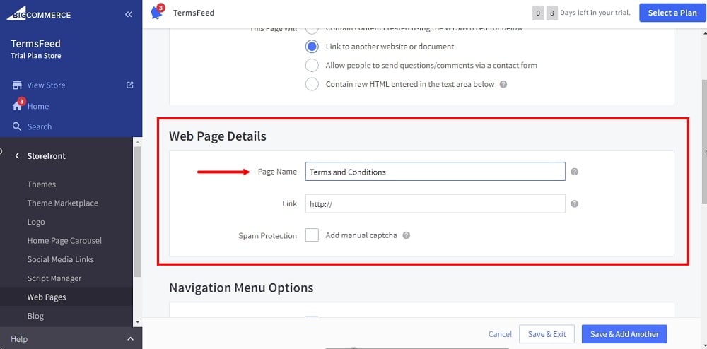 TermsFeed BigCommerce: Create a New Web Page - Link - Name Terms and Conditions highlighted
