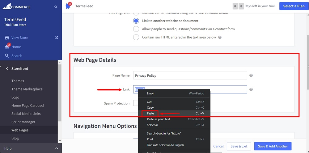 TermsFeed BigCommerce: Create a New Web Page - Link - Privacy Policy - Paste highlighted