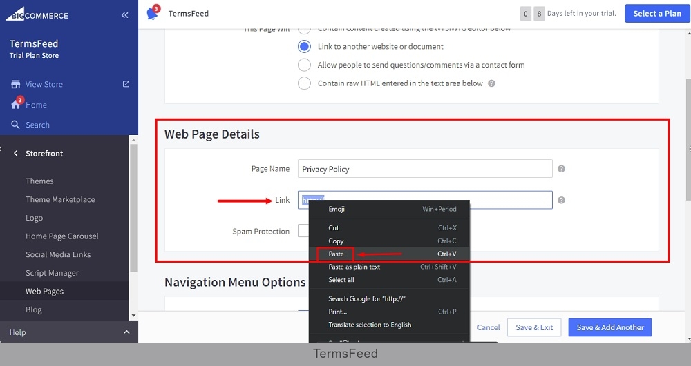 TermsFeed BigCommerce: Create a New Web Page - Link - Privacy Policy - Paste highlighted