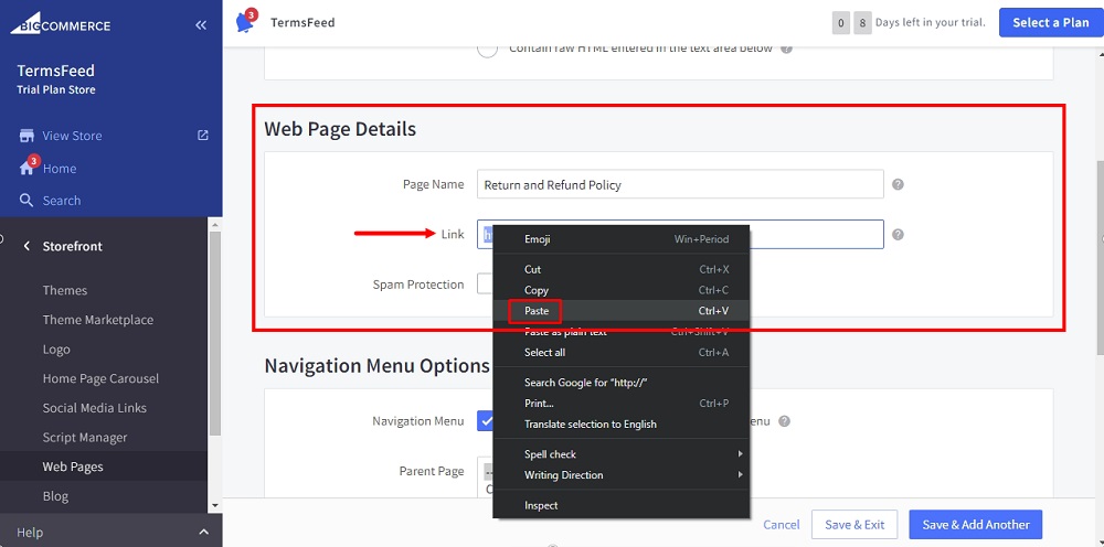 TermsFeed BigCommerce: Create a New Web Page - Link - Return and Refund Policy - Paste highlighted