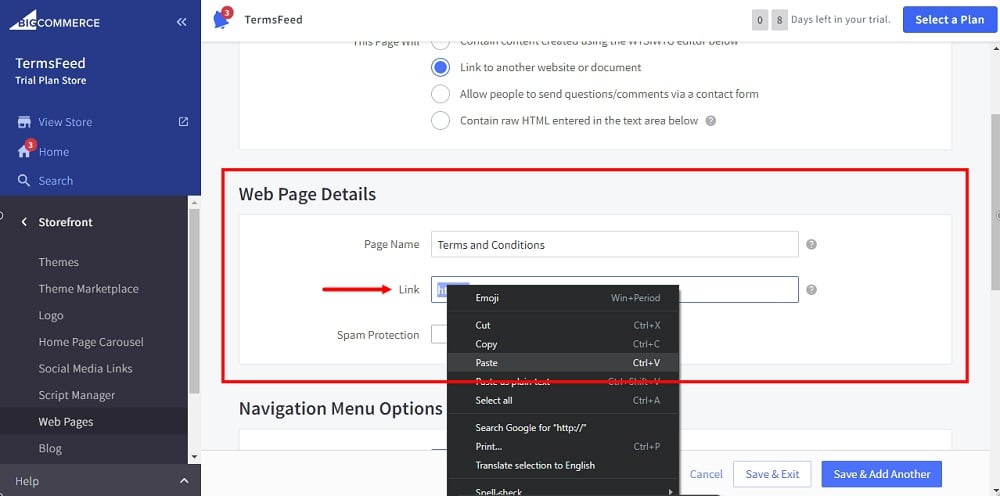 TermsFeed BigCommerce: Create a New Web Page - Link - Terms and Conditions - Paste highlighted