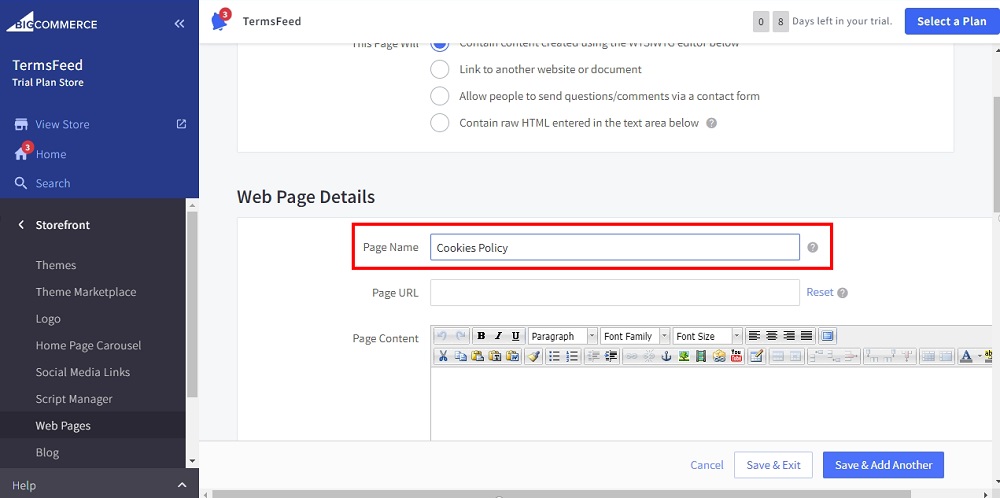 TermsFeed BigCommerce: Create a New Web Page - Cookies Policy as Page Name added highlighted
