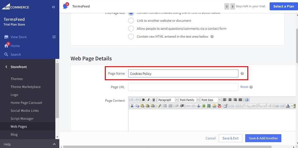 TermsFeed BigCommerce: Create a New Web Page - Cookies Policy as Page Name added highlighted