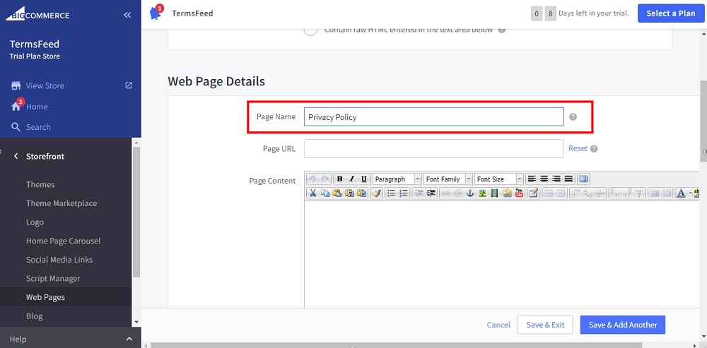 TermsFeed BigCommerce: Create a New Web Page - Privacy Policy as Page Name added highlighted