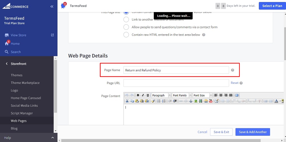 TermsFeed BigCommerce: Create a New Web Page - Return and Refund Policy as Page Name added highlighted