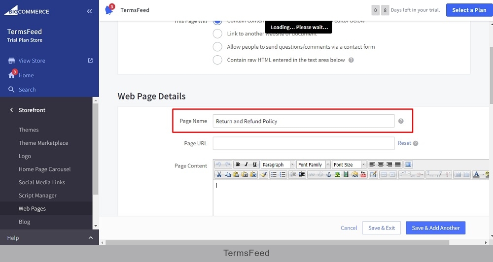 TermsFeed BigCommerce: Create a New Web Page - Return and Refund Policy as Page Name added highlighted
