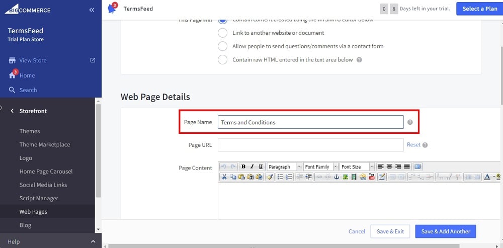 TermsFeed BigCommerce: Create a New Web Page - Terms and Conditions as Page Name added highlighted