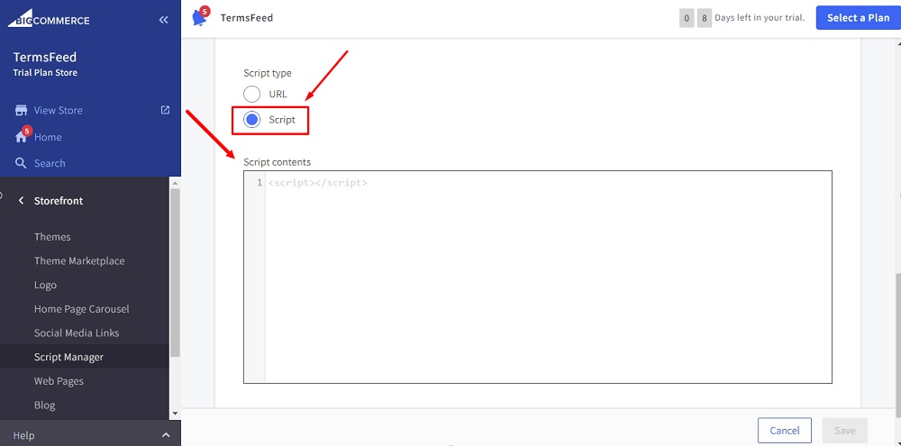 TermsFeed BigCommerce: Create a script - Type - Script selected - Contents field highlighted