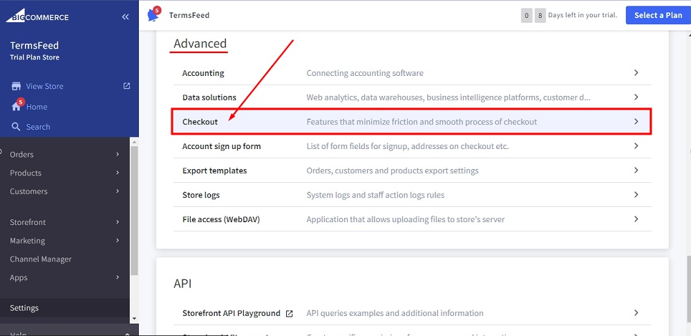 TermsFeed BigCommerce: Settings - Advanced - Checkout option selected
