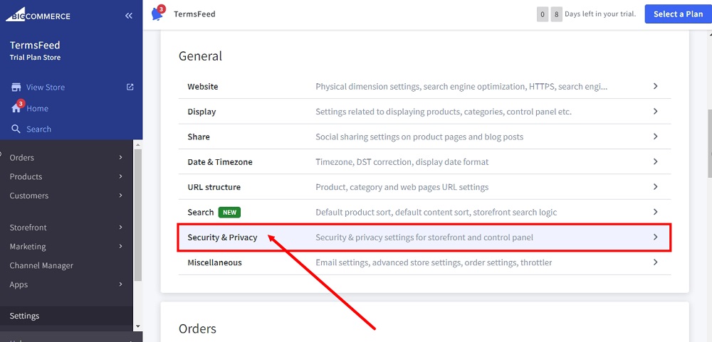 TermsFeed BigCommerce: Settings - General - Security and Privacy option selected