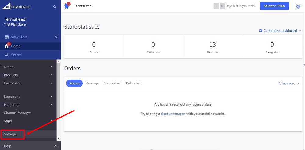 TermsFeed BigCommerce: Dashboard with Settings option selected