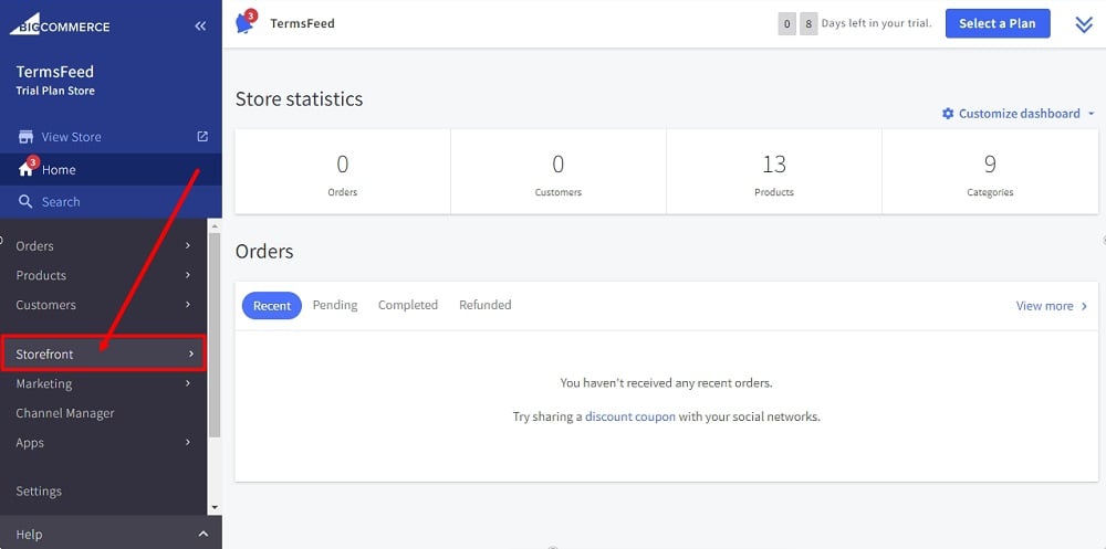 TermsFeed BigCommerce: Dashboard with Storefront option selected