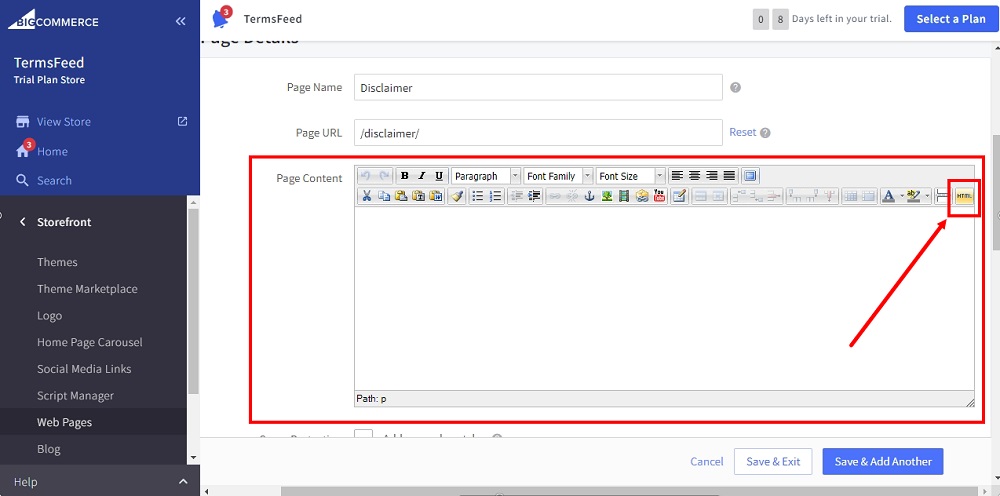 TermsFeed BigCommerce: Disclaimer - Page editor - the HTML selected