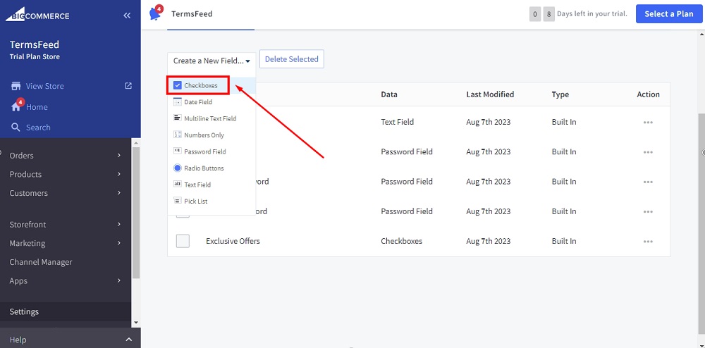 TermsFeed BigCommerce: Form Field - Create a New Field - Checkboxes selected