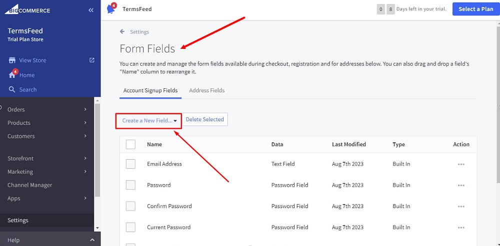 TermsFeed BigCommerce: Form Field - Create a New Field selected