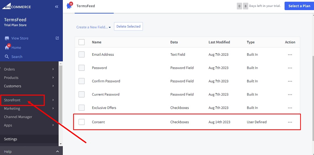 TermsFeed BigCommerce: Form Fields - the Consent checkbox field is added and Storefront is selected highlighted