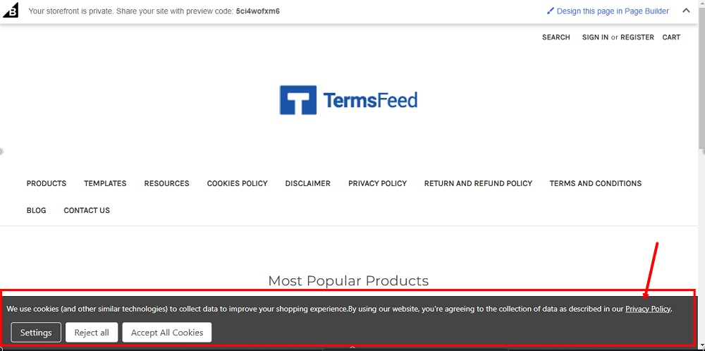 TermsFeed BigCommerce: The Preview of the Privacy Policy link as part of the BigCommerce's cookie banner displayed highlighted