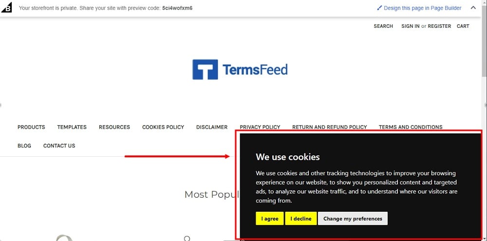 TermsFeed BigCommerce: Preview - The Free Cookie Consent Banner displayed