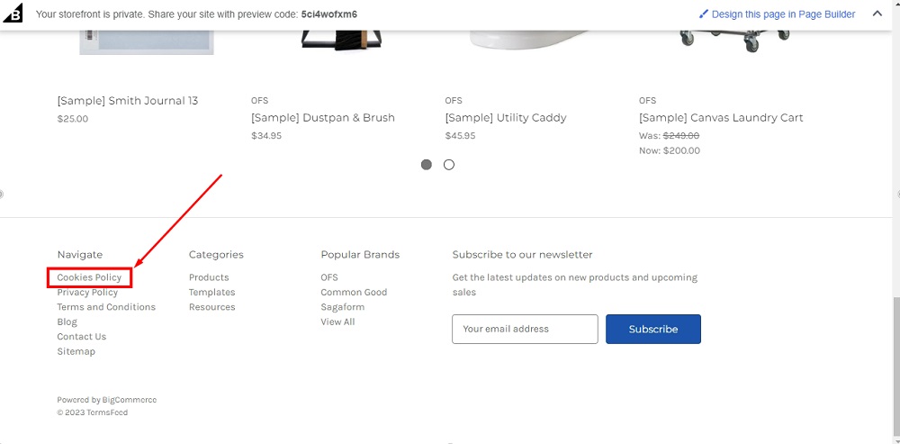 TermsFeed BigCommerce: The Preview - Footer navigation with Cookies Policy highlighted