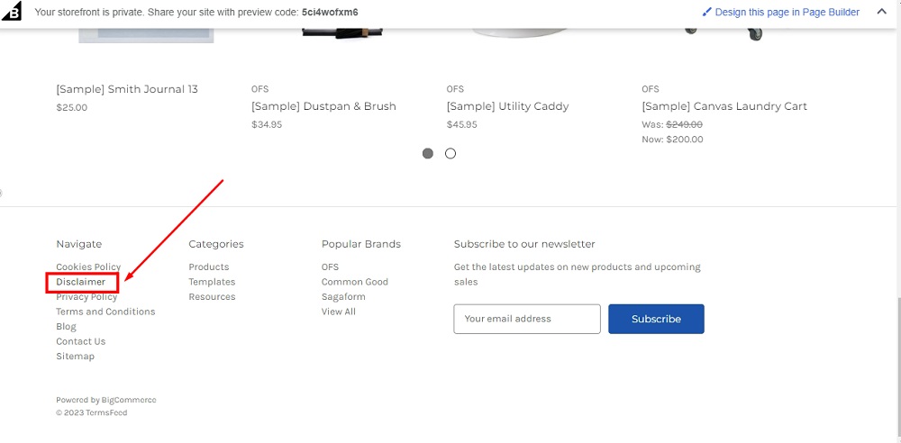 TermsFeed BigCommerce: The Preview - Footer navigation with Disclaimer highlighted