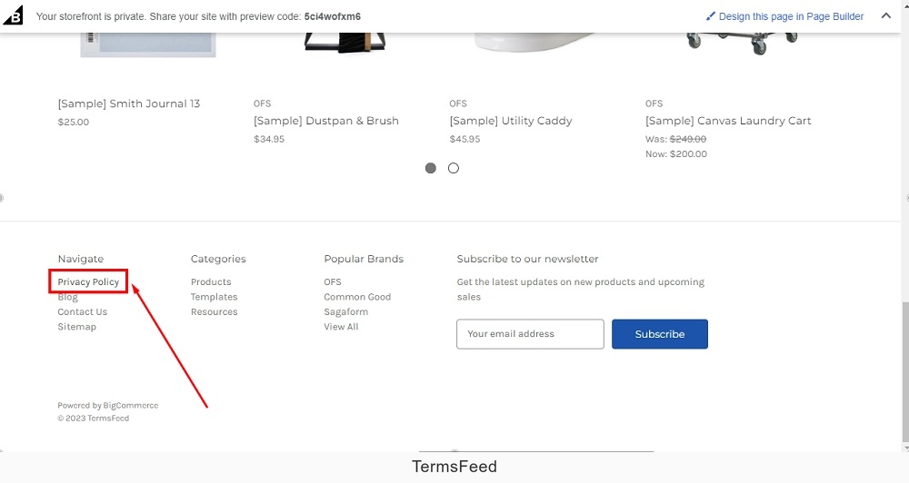 TermsFeed BigCommerce: The Preview - Footer navigation with Privacy Policy highlighted
