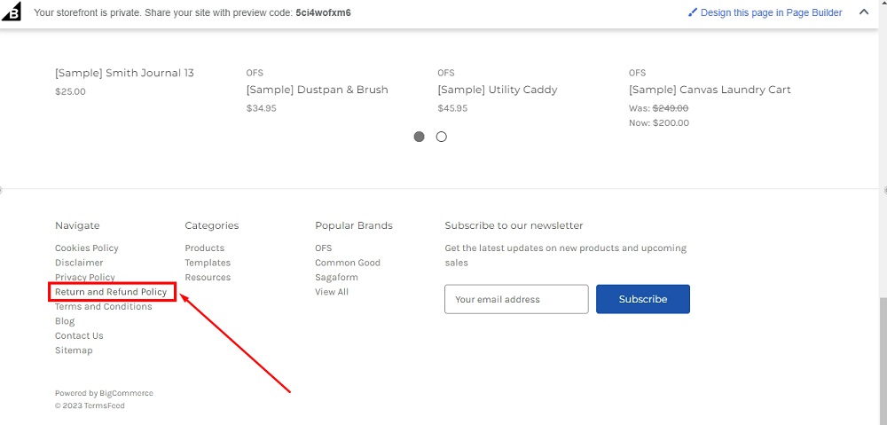 TermsFeed BigCommerce: The Preview - Footer navigation with Return and Refund Policy highlighted