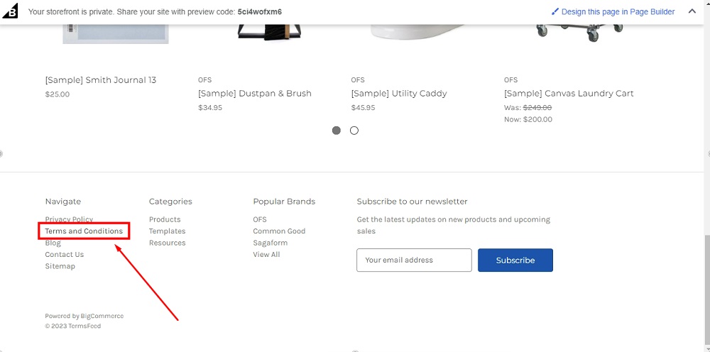 TermsFeed BigCommerce: The Preview - Footer navigation with Terms and Conditions highlighted
