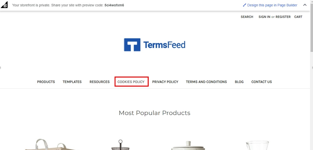 TermsFeed BigCommerce: The Preview - Header navigation with Cookies Policy highlighted