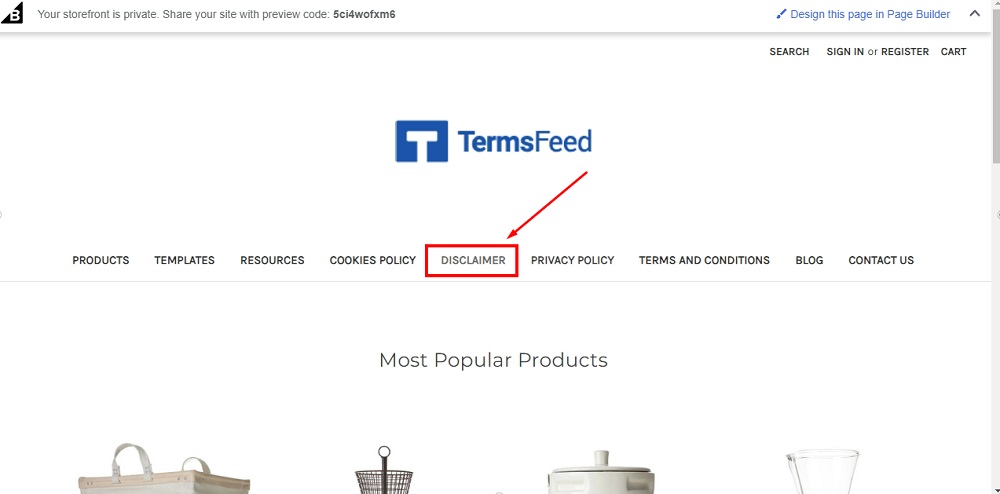 TermsFeed BigCommerce: The Preview - Header navigation with Disclaimer highlighted