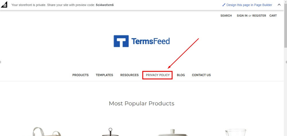 TermsFeed BigCommerce: The Preview - Header navigation with Privacy Policy highlighted