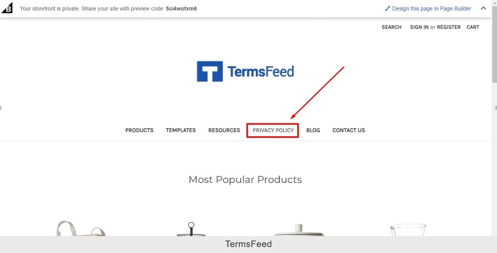 TermsFeed BigCommerce: The Preview - Header navigation with Privacy Policy highlighted