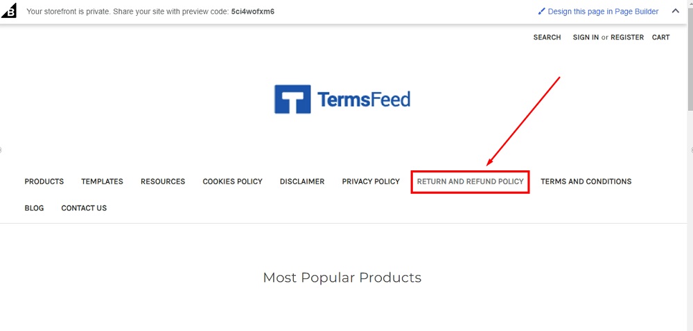 TermsFeed BigCommerce: The Preview - Header navigation with Return and Refund Policy highlighted