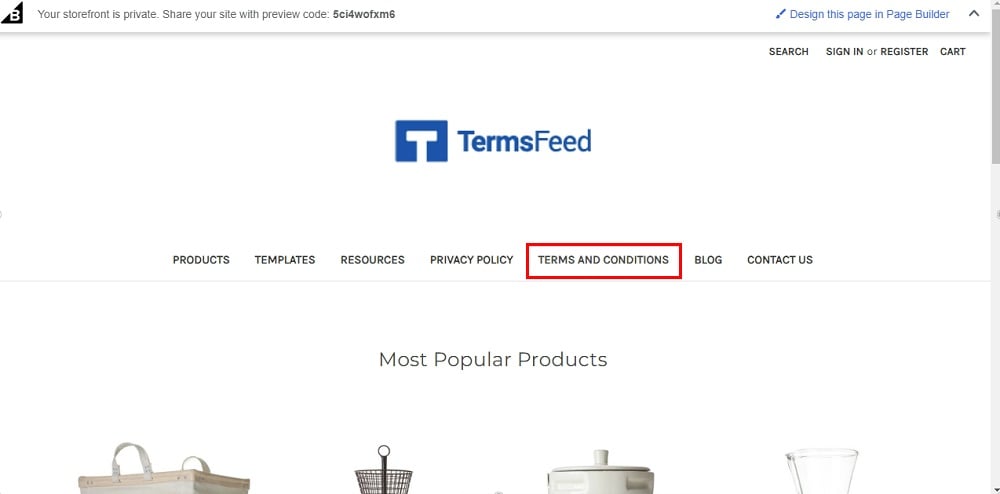 TermsFeed BigCommerce: The Preview - Header navigation with Terms and Conditions highlighted