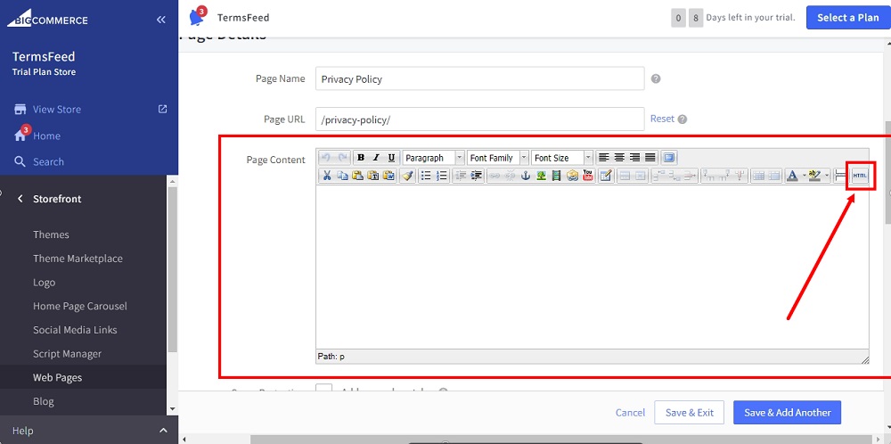 TermsFeed BigCommerce: Privacy Policy - Page editor - the HTML selected