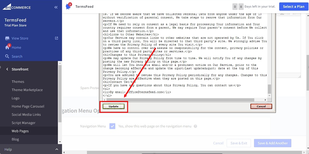TermsFeed BigCommerce: Privacy Policy - HTML Source Editor - added - Update highlighted