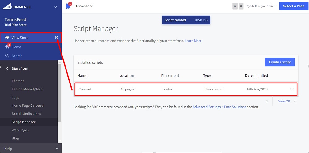 TermsFeed BigCommerce: The new script Consent is added - The Preview View Store highlighted