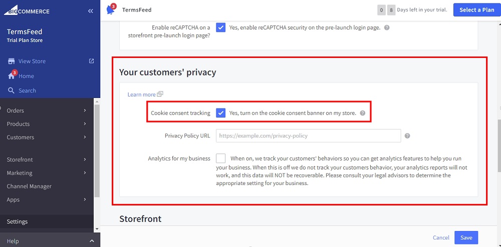 TermsFeed BigCommerce: Security and Privacy - Your Customers' Privacy with activated cookie consent banner selected
