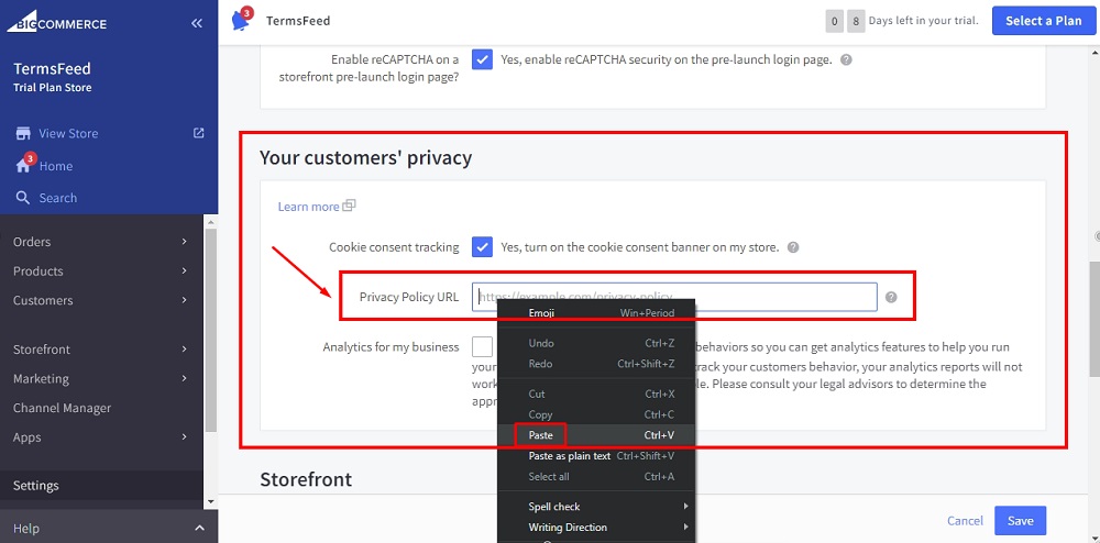 TermsFeed BigCommerce: Security and Privacy - Your Customers' Privacy - The Privacy Policy URL paste highlighted