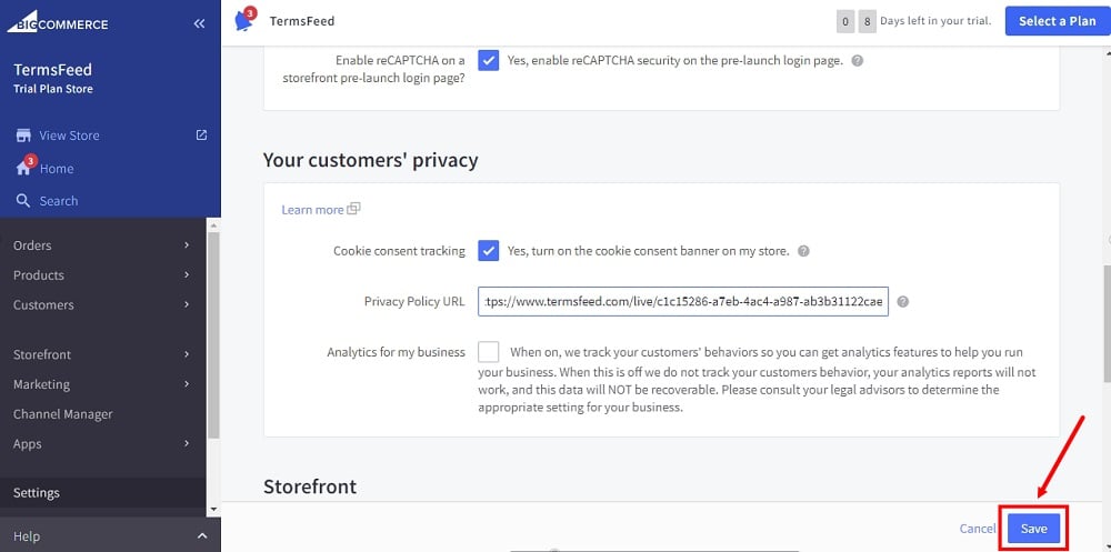TermsFeed BigCommerce: Security and Privacy - Your Customers' Privacy - Save button highlighted